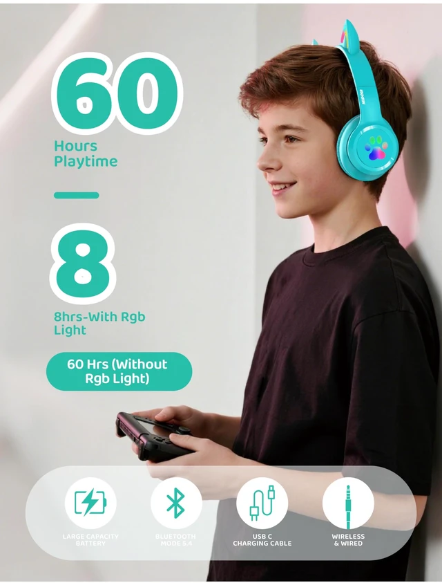 Alt view image 2 of 7 - Bluetooth Headphones Wireless Cat Ear,60H/8H with LED Light for Kids/Adults Built-in Mic,Over-Ear,Adjustable Headband Foldable Lightweight for Toddler Home/Tablet/PC,Stereo Sound,Aux 3.5mm Cyan