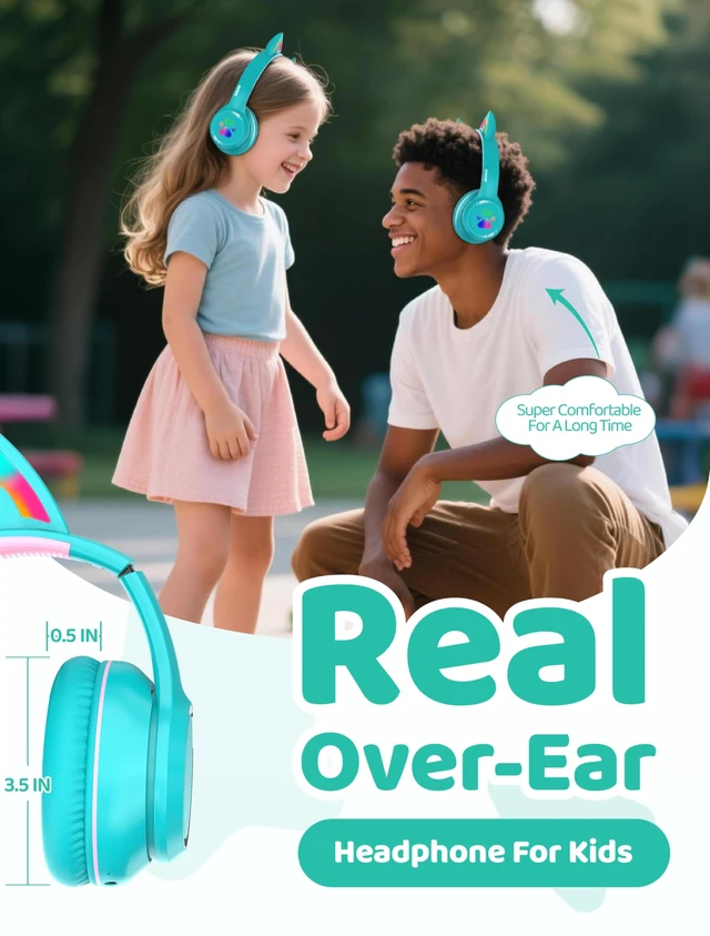 Alt view image 3 of 7 - Bluetooth Headphones Wireless Cat Ear,60H/8H with LED Light for Kids/Adults Built-in Mic,Over-Ear,Adjustable Headband Foldable Lightweight for Toddler Home/Tablet/PC,Stereo Sound,Aux 3.5mm Cyan