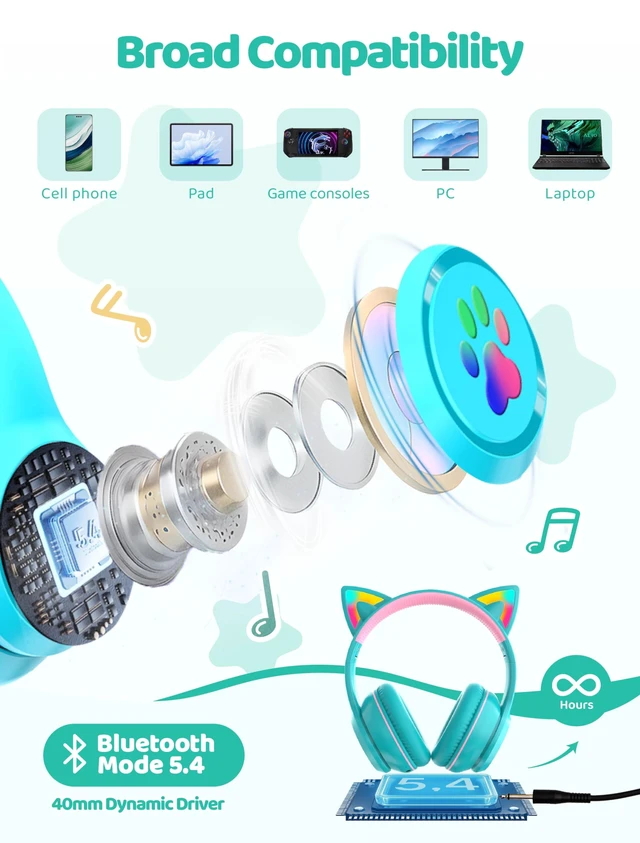 Alt view image 4 of 7 - Bluetooth Headphones Wireless Cat Ear,60H/8H with LED Light for Kids/Adults Built-in Mic,Over-Ear,Adjustable Headband Foldable Lightweight for Toddler Home/Tablet/PC,Stereo Sound,Aux 3.5mm Cyan