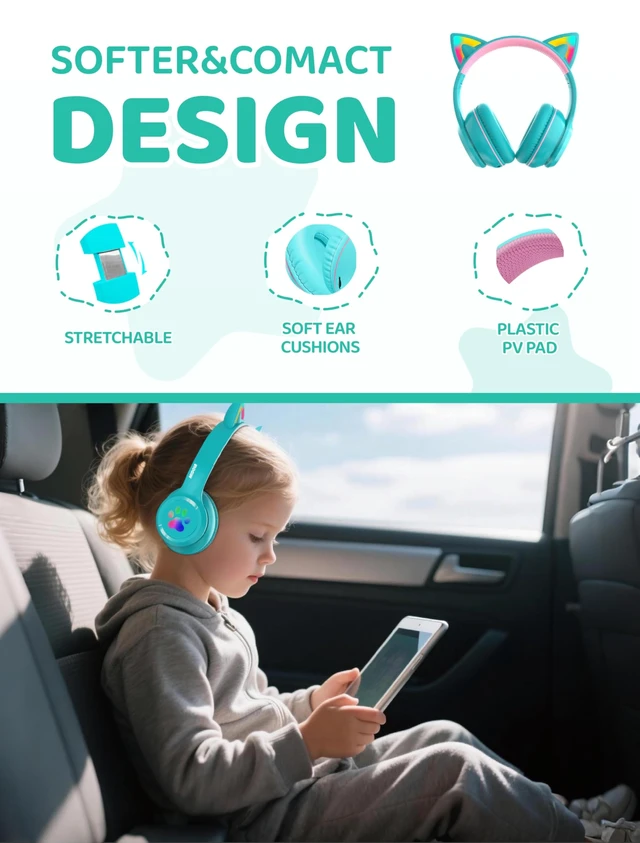Alt view image 5 of 7 - Bluetooth Headphones Wireless Cat Ear,60H/8H with LED Light for Kids/Adults Built-in Mic,Over-Ear,Adjustable Headband Foldable Lightweight for Toddler Home/Tablet/PC,Stereo Sound,Aux 3.5mm Cyan