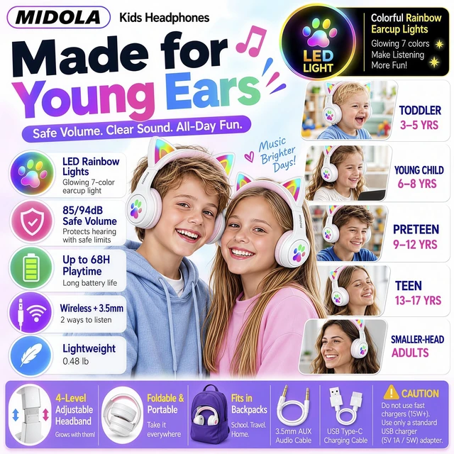 Alt view image 2 of 7 - Bluetooth Headphones Wireless Cat Ear,60H/8H with LED Light for Kids/Adults Built-in Mic,Over-Ear,Adjustable Headband Foldable Lightweight for Toddler Home/Tablet/PC,Stereo Sound,Aux 3.5mm White