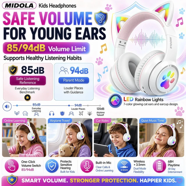 Alt view image 3 of 7 - Bluetooth Headphones Wireless Cat Ear,60H/8H with LED Light for Kids/Adults Built-in Mic,Over-Ear,Adjustable Headband Foldable Lightweight for Toddler Home/Tablet/PC,Stereo Sound,Aux 3.5mm White