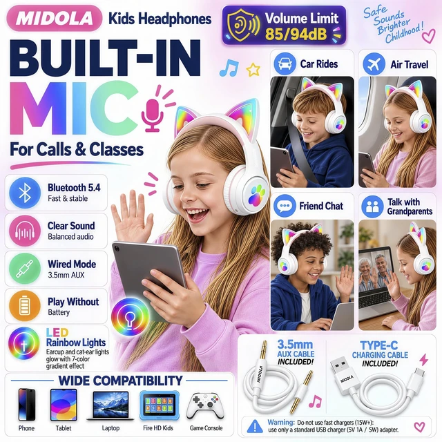 Alt view image 5 of 7 - Bluetooth Headphones Wireless Cat Ear,60H/8H with LED Light for Kids/Adults Built-in Mic,Over-Ear,Adjustable Headband Foldable Lightweight for Toddler Home/Tablet/PC,Stereo Sound,Aux 3.5mm White