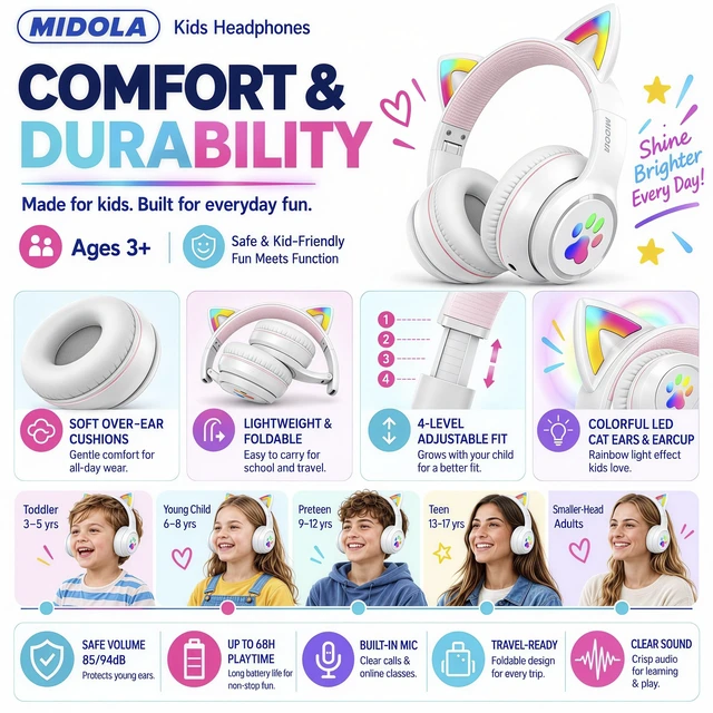 Alt view image 6 of 7 - Bluetooth Headphones Wireless Cat Ear,60H/8H with LED Light for Kids/Adults Built-in Mic,Over-Ear,Adjustable Headband Foldable Lightweight for Toddler Home/Tablet/PC,Stereo Sound,Aux 3.5mm White