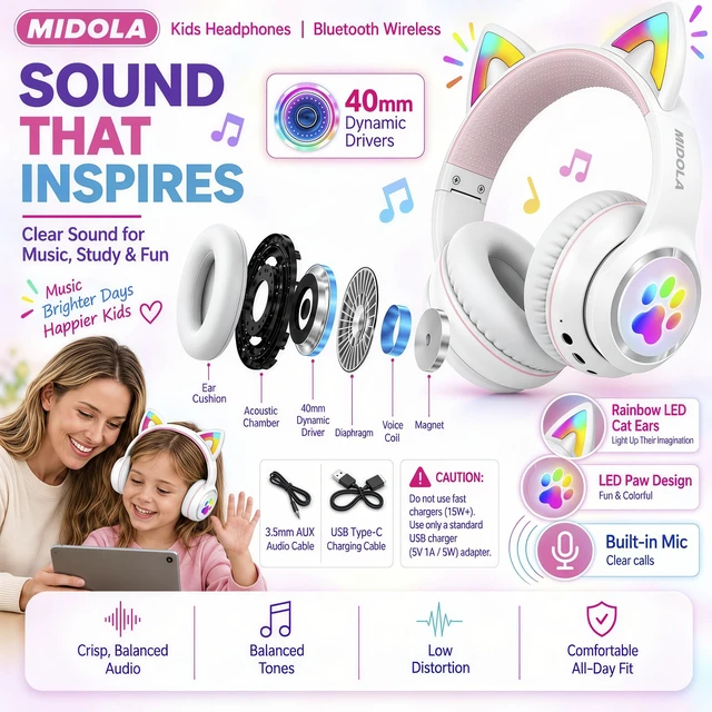 Alt view image 4 of 7 - Bluetooth Headphones Wireless Cat Ear,60H/8H with LED Light for Kids/Adults Built-in Mic,Over-Ear,Adjustable Headband Foldable Lightweight for Toddler Home/Tablet/PC,Stereo Sound,Aux 3.5mm White