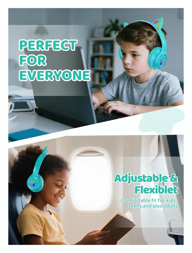 Alt view image 6 of 7 - Bluetooth Headphones Wireless Cat Ear,60H/8H with LED Light for Kids/Adults Built-in Mic,Over-Ear,Adjustable Headband Foldable Lightweight for Toddler Home/Tablet/PC,Stereo Sound,Aux 3.5mm Cyan