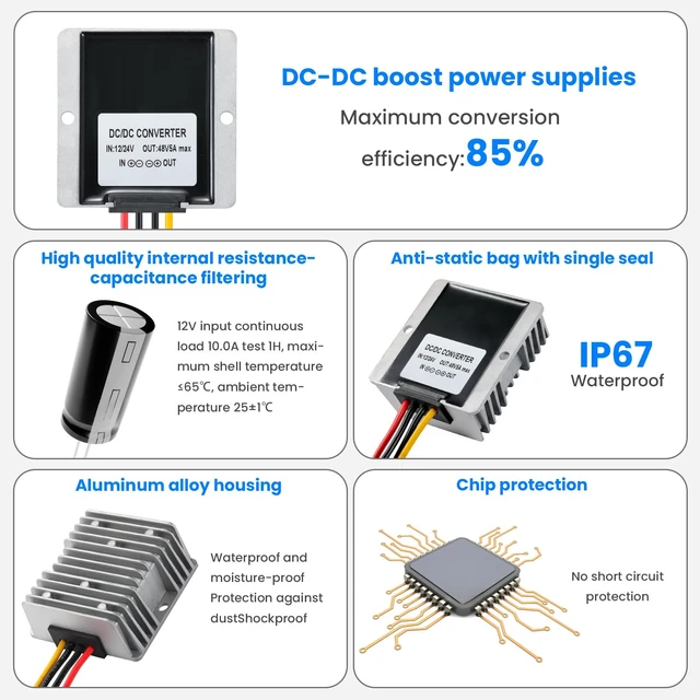 Alt view image 4 of 7 - DC 12V 24V to 48V Boost Converter 240W 12 Volt 24 Volt to 48Volt 5A DC Step Up Converter Voltage Regulator Transformer for Golf Carts 5A 240W Waterproof DC Power Supply with Fuse