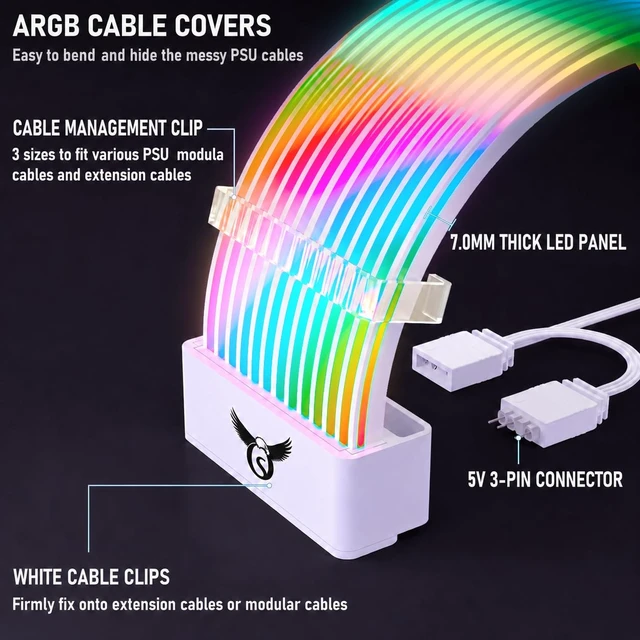 Alt view image 3 of 7 - Osprey ARGB PSU Cable Cover, 24-Pin ATX, 108 LED ARGB, 5V 3-Pin, White Flexible cover,organize and cover visible power wiring,striking RGB lighting feature inside your PC case,three clip types
