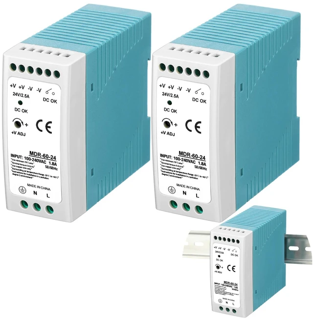 Main image of 2 Pcs 24vdc Power Supply 2.5a 60w Din Rail Switching Converter 100-240VAC Input, MDR Industrial Series, Dual Output Terminals, Compact for Control Cabinets, Stable Voltage Conversion