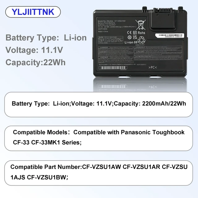Alt view image 2 of 7 - CF-VZSU1AW Battery 11.1V 22Wh 2200mAh Li-ion Replacement Laptop Battery for Panasonic Toughbook CF-33 Series MK1 MK2 MK3 Rechargeable