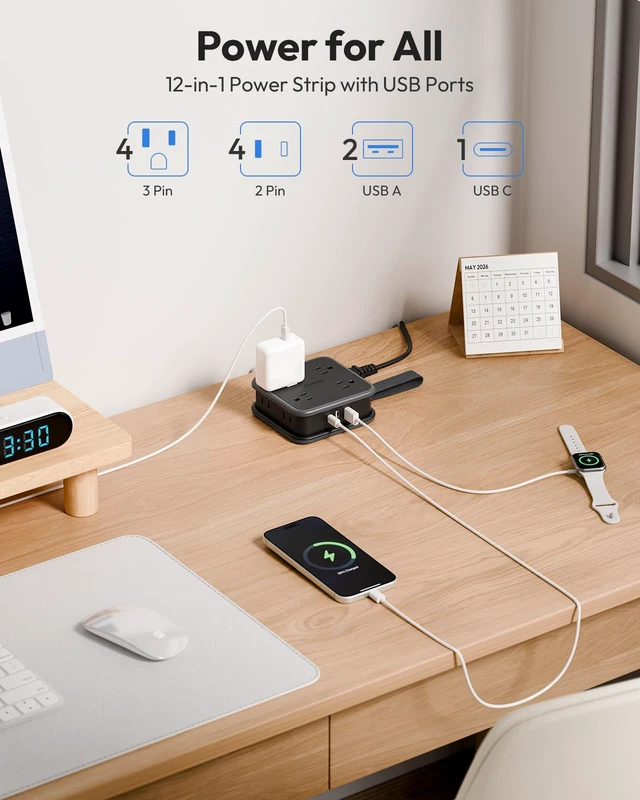 Alt view image 2 of 7 - Extension Cord Flat Wall Plug, Flat Outlet Extender 8 AC & 3 USB Ports (1 USB C), 5 FT Wrapable Extension Cord Easy to Store, Compact Power Strip, College Dorm Room Essentials