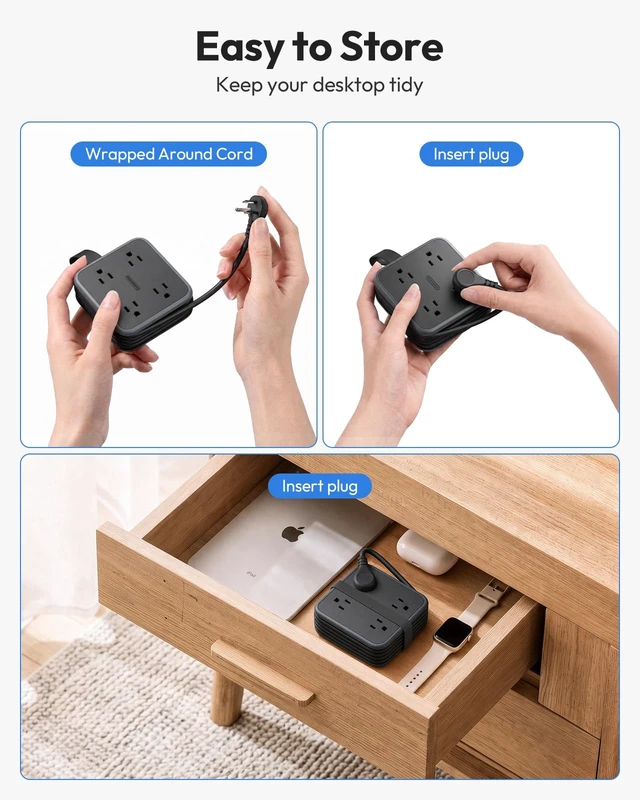 Alt view image 3 of 7 - Extension Cord Flat Wall Plug, Flat Outlet Extender 8 AC & 3 USB Ports (1 USB C), 5 FT Wrapable Extension Cord Easy to Store, Compact Power Strip, College Dorm Room Essentials