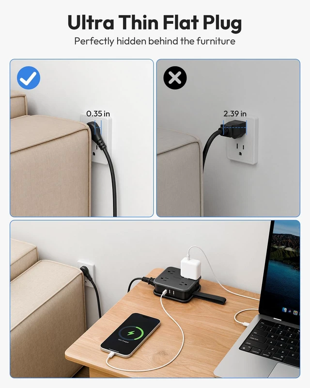 Alt view image 4 of 7 - Extension Cord Flat Wall Plug, Flat Outlet Extender 8 AC & 3 USB Ports (1 USB C), 5 FT Wrapable Extension Cord Easy to Store, Compact Power Strip, College Dorm Room Essentials