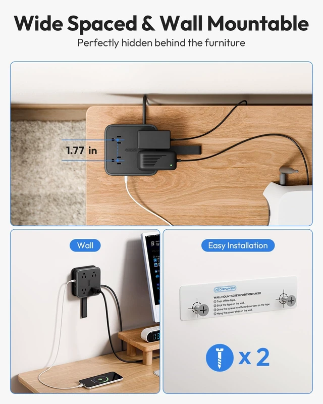 Alt view image 6 of 7 - Extension Cord Flat Wall Plug, Flat Outlet Extender 8 AC & 3 USB Ports (1 USB C), 5 FT Wrapable Extension Cord Easy to Store, Compact Power Strip, College Dorm Room Essentials