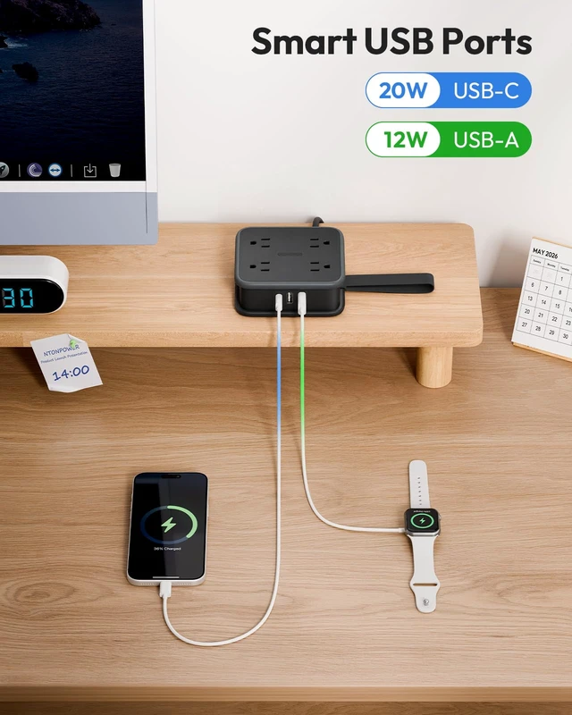 Alt view image 5 of 7 - Extension Cord Flat Wall Plug, Flat Outlet Extender 8 AC & 3 USB Ports (1 USB C), 5 FT Wrapable Extension Cord Easy to Store, Compact Power Strip, College Dorm Room Essentials