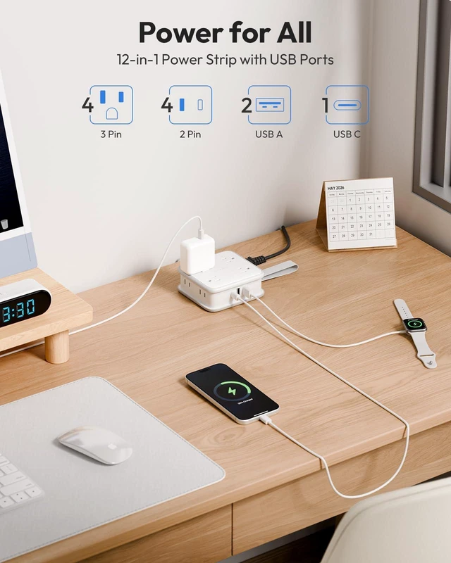 Alt view image 2 of 7 - Extension Cord with Multiple Outlets, Flat Plug Power Strip 8 AC & 3 USB Ports (1 USB C), 5 FT Wrapable Extension Cord Easy to Store, Compact Power Strip, College Dorm Room Essentials