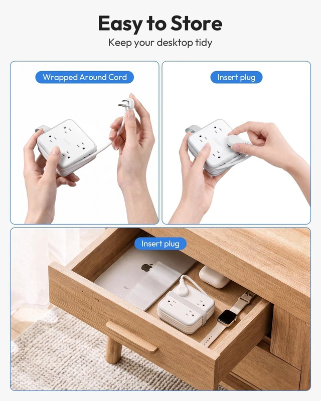 Alt view image 3 of 7 - Extension Cord with Multiple Outlets, Flat Plug Power Strip 8 AC & 3 USB Ports (1 USB C), 5 FT Wrapable Extension Cord Easy to Store, Compact Power Strip, College Dorm Room Essentials