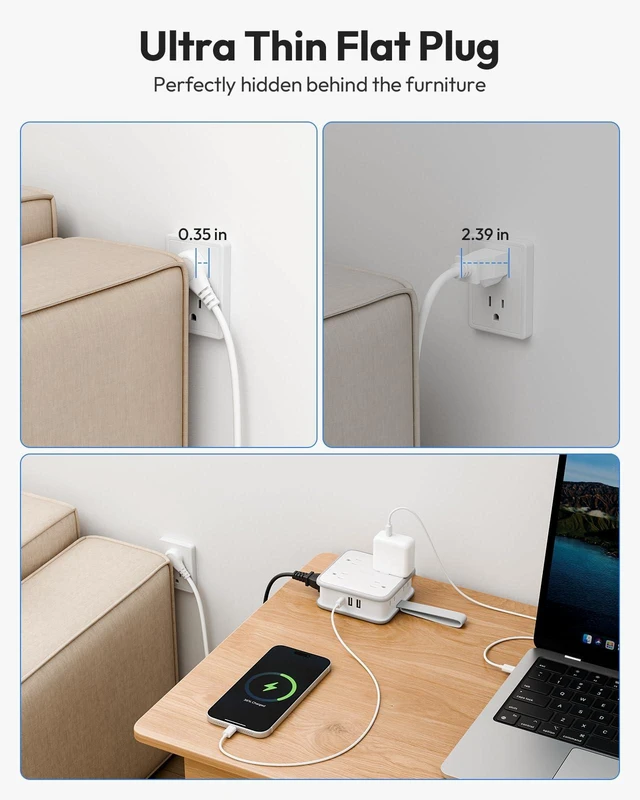 Alt view image 4 of 7 - Extension Cord with Multiple Outlets, Flat Plug Power Strip 8 AC & 3 USB Ports (1 USB C), 5 FT Wrapable Extension Cord Easy to Store, Compact Power Strip, College Dorm Room Essentials