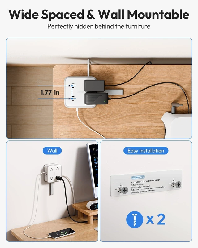 Alt view image 6 of 7 - Extension Cord with Multiple Outlets, Flat Plug Power Strip 8 AC & 3 USB Ports (1 USB C), 5 FT Wrapable Extension Cord Easy to Store, Compact Power Strip, College Dorm Room Essentials