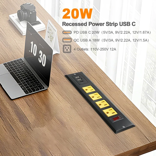 Alt view image 2 of 6 - Recessed Power Strip Type C 20W PD Fast Charge Desk Power Outlet 4 Outlets 2 USB and 1 USB C Built in Furniture Extension Power Plug for Dorm Office (Yellow)