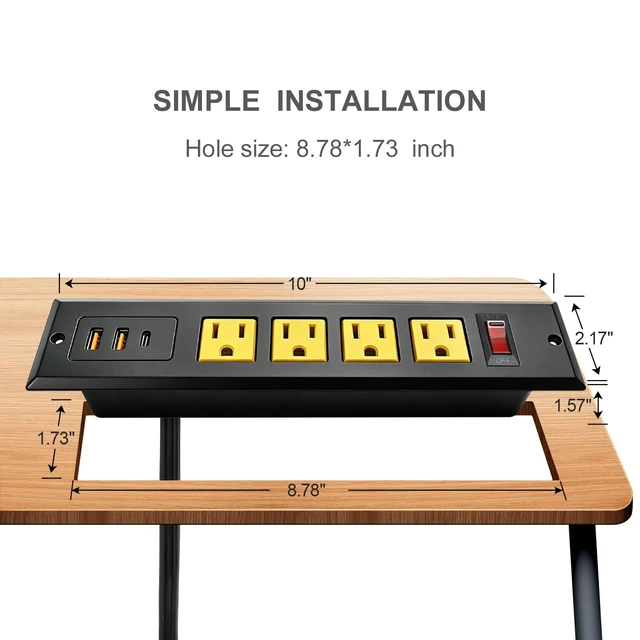 Alt view image 2 of 6 - 20W Mountable Recessed Power Strip USB C Ports 4 Outlets Fast Charge 3 USB Flush Mount Power Socket Built in Multiple Protection for Desk Counter Workbench