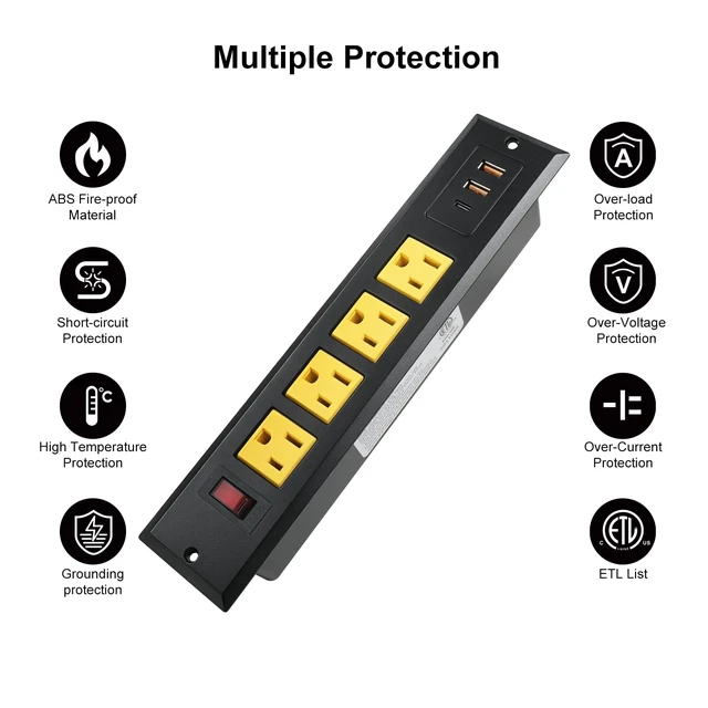 Alt view image 4 of 6 - Recessed Power Strip Type C 20W PD Fast Charge Desk Power Outlet 4 Outlets 2 USB and 1 USB C Built in Furniture Extension Power Plug for Dorm Office (Yellow)