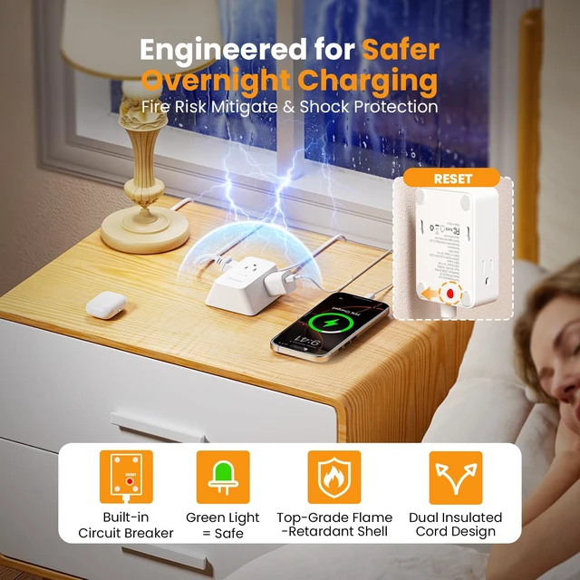 Alt view image 5 of 7 - 12FT Split Extension Cord, 6 Outlets, Extension Cord Flat wall Plug Twin Extension Cord Splitter for Behind Bed Sofa Dorm,Indoor 6ft Each Side Flat Cord with Multiple Outlets,Circuit Breaker