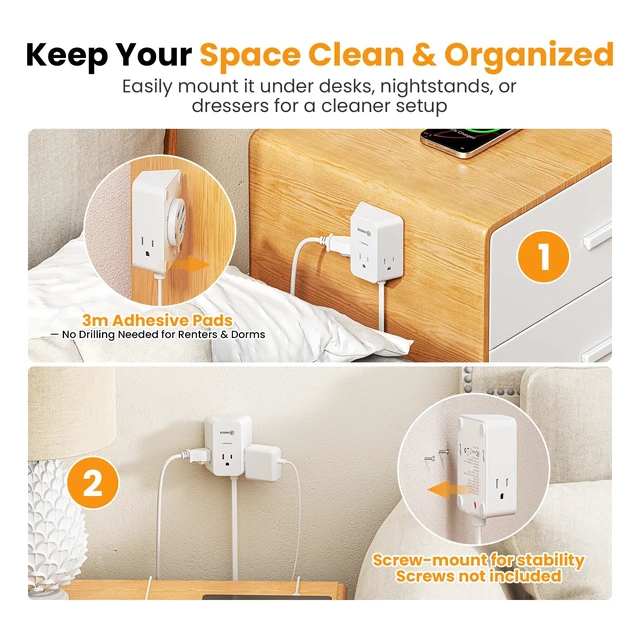 Alt view image 6 of 7 - 12FT Split Extension Cord, 6 Outlets, Extension Cord Flat wall Plug Twin Extension Cord Splitter for Behind Bed Sofa Dorm,Indoor 6ft Each Side Flat Cord with Multiple Outlets,Circuit Breaker