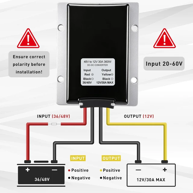 Alt view image 3 of 7 - 30A 360W Voltage Converter, 36V 48V to 12V Converter for Golf Cart High-Power DC-DC Step Down Converter with Fuse, Power Voltage Reducer for Cars, Scooters, Forklifts