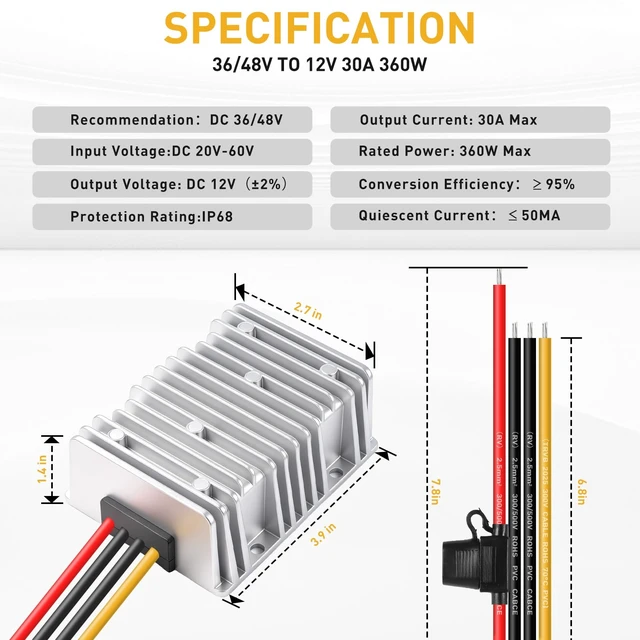 Alt view image 2 of 7 - 30A 360W Voltage Converter, 36V 48V to 12V Converter for Golf Cart High-Power DC-DC Step Down Converter with Fuse, Power Voltage Reducer for Cars, Scooters, Forklifts