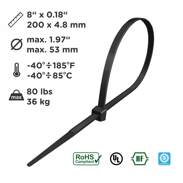 Alt view image 2 of 6 - Cable Ties with Metal Tooth Stainless Steel Locking Device, Zip Ties 8 X 0.18, Black, Tensile strength 80 lbs, 100 Pieces