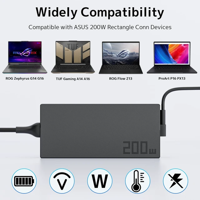 Alt view image 5 of 7 - 200W 10A Gaming Laptop Charger Fit for ASUS ROG Zephyrus TUF ProArt Zenbook 20V 10A Fast Charging Stable Power for Gaming Smart Temperature Control Compact Design ADP-200JB K Fits 180W Models