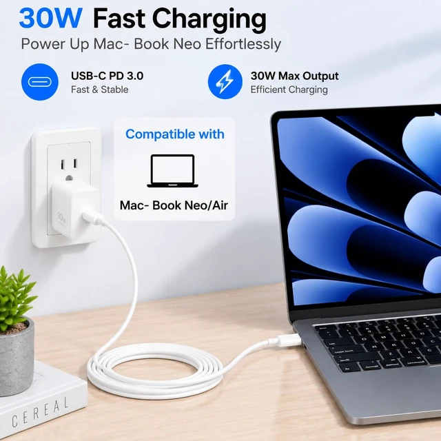 Alt view image 2 of 7 - 30W USBC Charger Fit for Mac Book Neo(A3404), with 6.6FT Cable(60W/3A) PPS Portable Replacement Charger Fit for Mac Book Neo(A3404), Much Faster than 20W Charger, Save Your Time