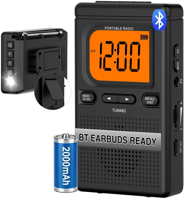 Main image of Portable Radio AM FM with Bluetooth Earphone Output 2000mah Battery Transistor Pocket Radio with Best Reception Digital Tuning, Flashlight,LCD Screen,Earphone Jack,Sleep Timer and Alarm Clock