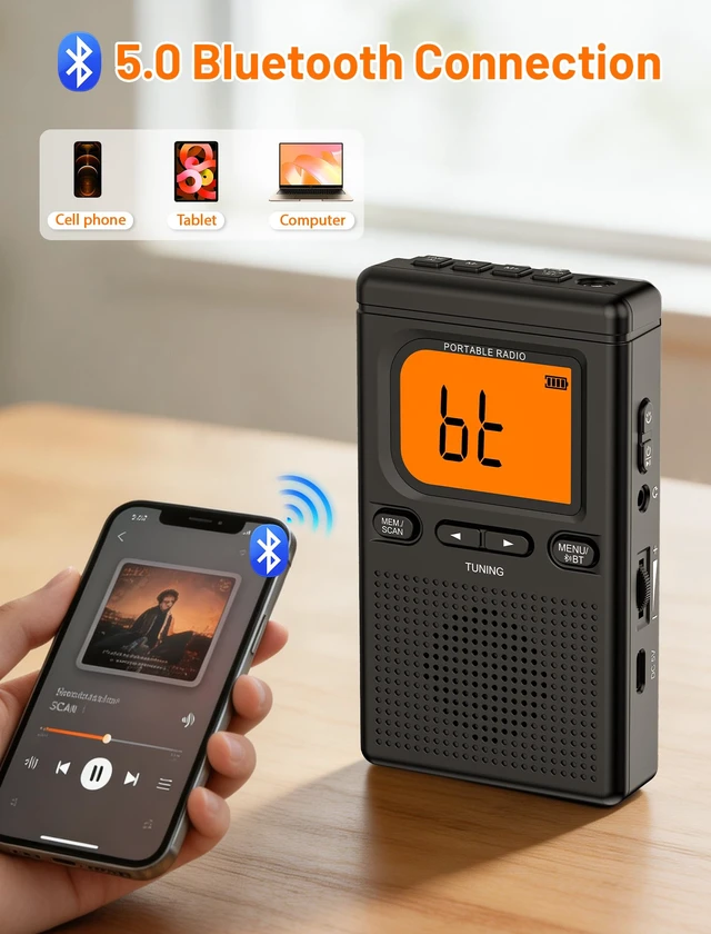 Alt view image 3 of 7 - Portable Radio AM FM with Bluetooth Earphone Output 2000mah Battery Transistor Pocket Radio with Best Reception Digital Tuning, Flashlight,LCD Screen,Earphone Jack,Sleep Timer and Alarm Clock