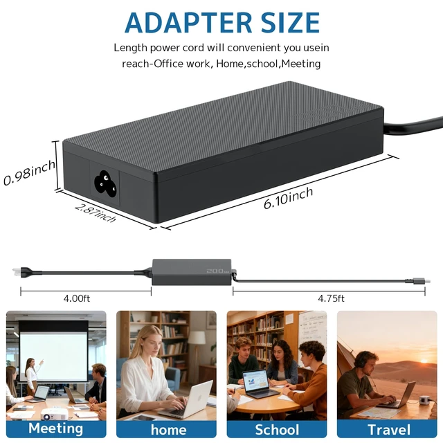 Alt view image 2 of 7 - Ac Adapter 200w Adp-200jb K Power Supply Fit for Asus Rog Zephyrus G14 G16 Ga605w Gu605 Ga605 Tuf Gaming A14 Fa401 and Proart Px13 P16 H7606 Pz13 Hn7306 Laptops Charger Rectangle Connector