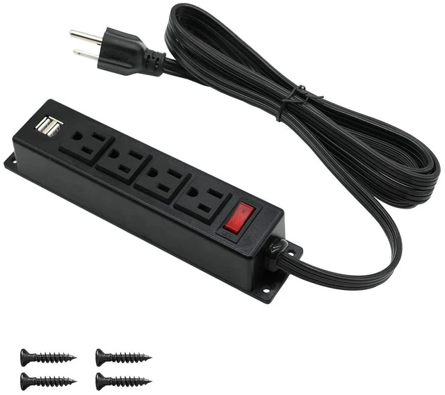 Main image of Mountable Power Strip with USB Ports,Wall Mount Power Outlets Screw Down Power Socket in Desk Under Cabinet Power Station 4AC Outlet 2 USB 6.56 Feet Extension Cord, On&Off Switch Black