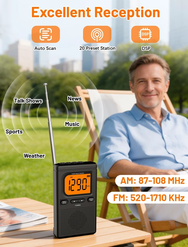 Alt view image 4 of 7 - Portable Radio AM FM with Bluetooth Earphone Output 2000mah Battery Transistor Pocket Radio with Best Reception Digital Tuning, Flashlight,LCD Screen,Earphone Jack,Sleep Timer and Alarm Clock
