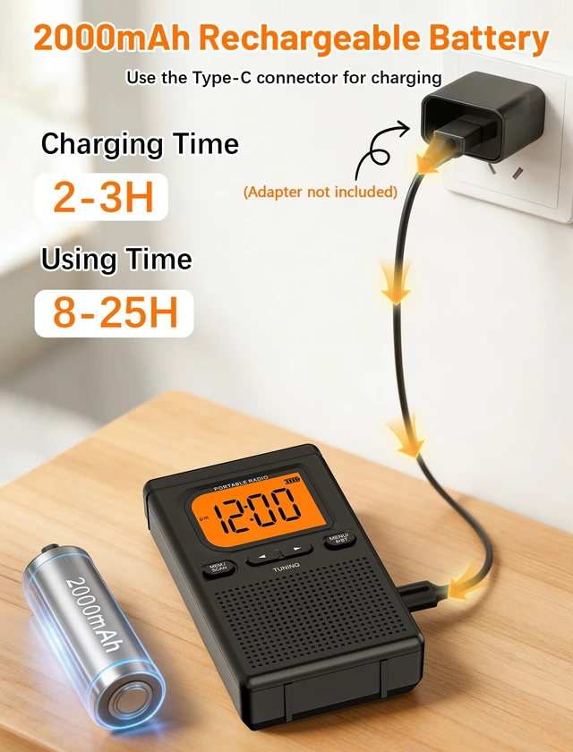 Alt view image 5 of 7 - Portable Radio AM FM with Bluetooth Earphone Output 2000mah Battery Transistor Pocket Radio with Best Reception Digital Tuning, Flashlight,LCD Screen,Earphone Jack,Sleep Timer and Alarm Clock