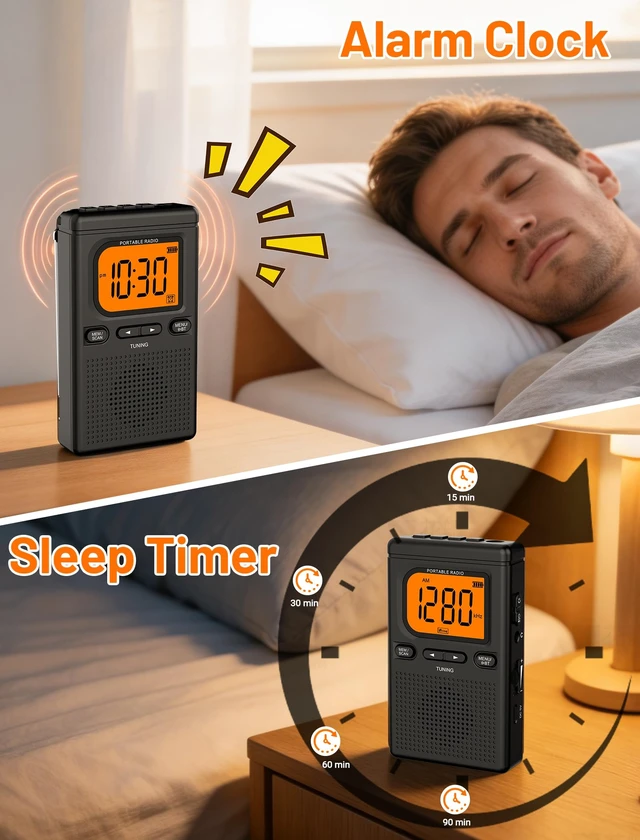 Alt view image 6 of 7 - Portable Radio AM FM with Bluetooth Earphone Output 2000mah Battery Transistor Pocket Radio with Best Reception Digital Tuning, Flashlight,LCD Screen,Earphone Jack,Sleep Timer and Alarm Clock