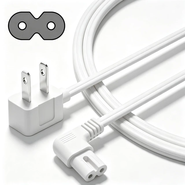 Main image of Non-Polarized 90 Degree Replacement TV Power Cord 15 Ft, 2-Prong 1-15P Flat Plug to Low Profile L-Shaped Angled IEC 320 C7 C8 Figure 8 AC Supply Cable for Apple Samsung LG Sony TV, 18/2 AWG-ETL-White