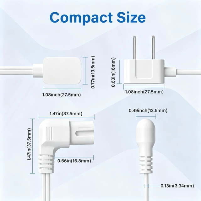 Alt view image 5 of 7 - Non-Polarized 90 Degree Replacement TV Power Cord 15 Ft, 2-Prong 1-15P Flat Plug to Low Profile L-Shaped Angled IEC 320 C7 C8 Figure 8 AC Supply Cable for Apple Samsung LG Sony TV, 18/2 AWG-ETL-White
