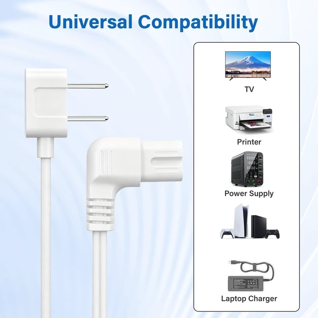 Alt view image 7 of 7 - Non-Polarized 90 Degree Replacement TV Power Cord 15 Ft, 2-Prong 1-15P Flat Plug to Low Profile L-Shaped Angled IEC 320 C7 C8 Figure 8 AC Supply Cable for Apple Samsung LG Sony TV, 18/2 AWG-ETL-White
