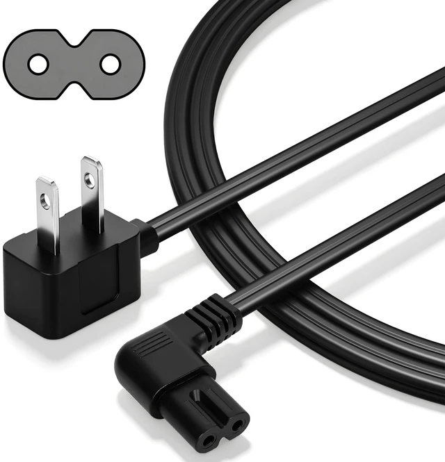 Main image of Non-Polarized 90 Degree Replacement TV Power Cord 15 Ft, 2-Prong 1-15P Flat Plug to Low Profile L-Shaped Angled IEC 320 C7 C8 Figure 8 AC Supply Cable for Apple Samsung LG Sony TV Xbox, 18/2 AWG-ETL