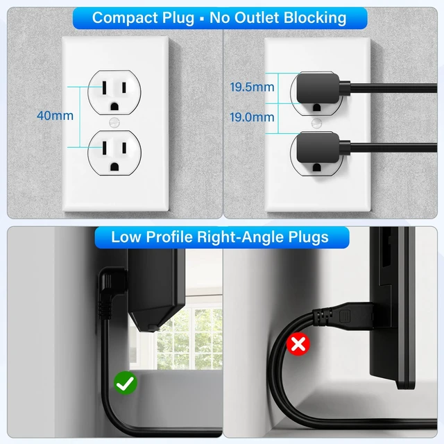 Alt view image 2 of 7 - Non-Polarized 90 Degree Replacement TV Power Cord 15 Ft, 2-Prong 1-15P Flat Plug to Low Profile L-Shaped Angled IEC 320 C7 C8 Figure 8 AC Supply Cable for Apple Samsung LG Sony TV Xbox, 18/2 AWG-ETL