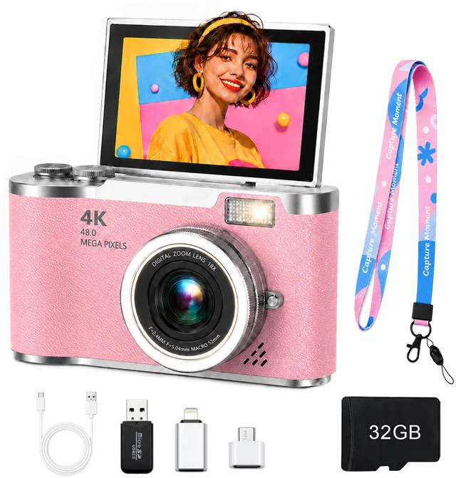 Main image of Digital Camera with Flip Screen, Camera for Photography with 32GB SD Card 180°Rotating Selfie Camera with Neck Lanyard, Camping Point and Shoot Camera Fill Light for Teens Kids TravelPink