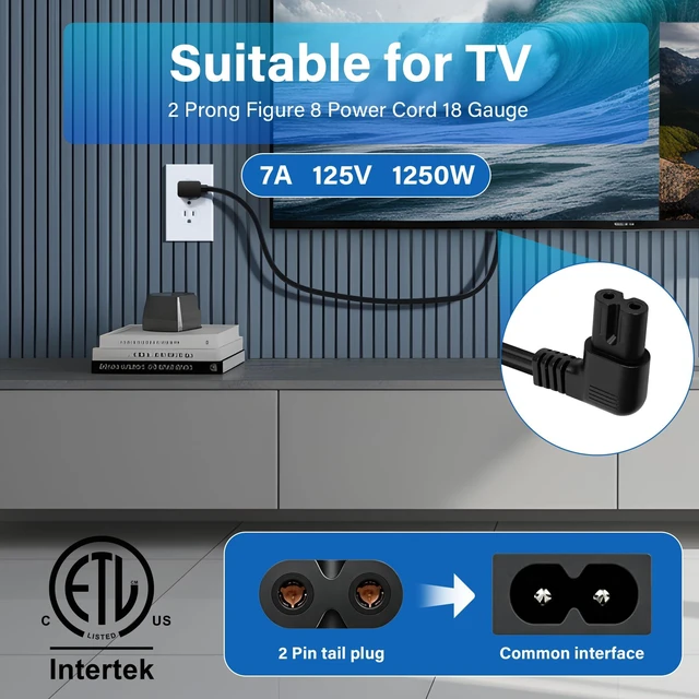 Alt view image 6 of 7 - Non-Polarized 90 Degree Replacement TV Power Cord 15 Ft, 2-Prong 1-15P Flat Plug to Low Profile L-Shaped Angled IEC 320 C7 C8 Figure 8 AC Supply Cable for Apple Samsung LG Sony TV Xbox, 18/2 AWG-ETL