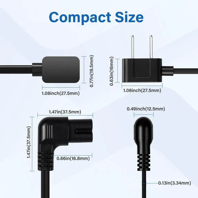 Alt view image 5 of 7 - Non-Polarized 90 Degree Replacement TV Power Cord 15 Ft, 2-Prong 1-15P Flat Plug to Low Profile L-Shaped Angled IEC 320 C7 C8 Figure 8 AC Supply Cable for Apple Samsung LG Sony TV Xbox, 18/2 AWG-ETL