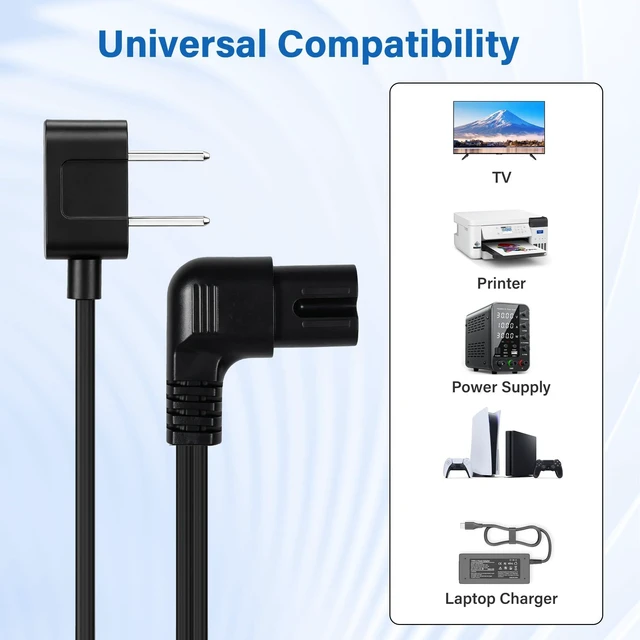 Alt view image 7 of 7 - Non-Polarized 90 Degree Replacement TV Power Cord 15 Ft, 2-Prong 1-15P Flat Plug to Low Profile L-Shaped Angled IEC 320 C7 C8 Figure 8 AC Supply Cable for Apple Samsung LG Sony TV Xbox, 18/2 AWG-ETL