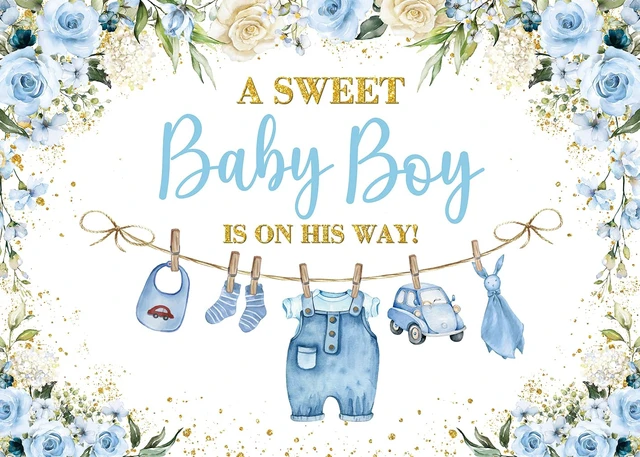 Alt view image 2 of 7 - Cute Clothes Baby Shower Backdrop for Boys Blue Flowers Leaves a Sweet Baby Boy is on The Way Background Newborn Kids Baby Shower Birthday Party Decorations Banner Supplies Photo Props (Blue, 8x6FT)
